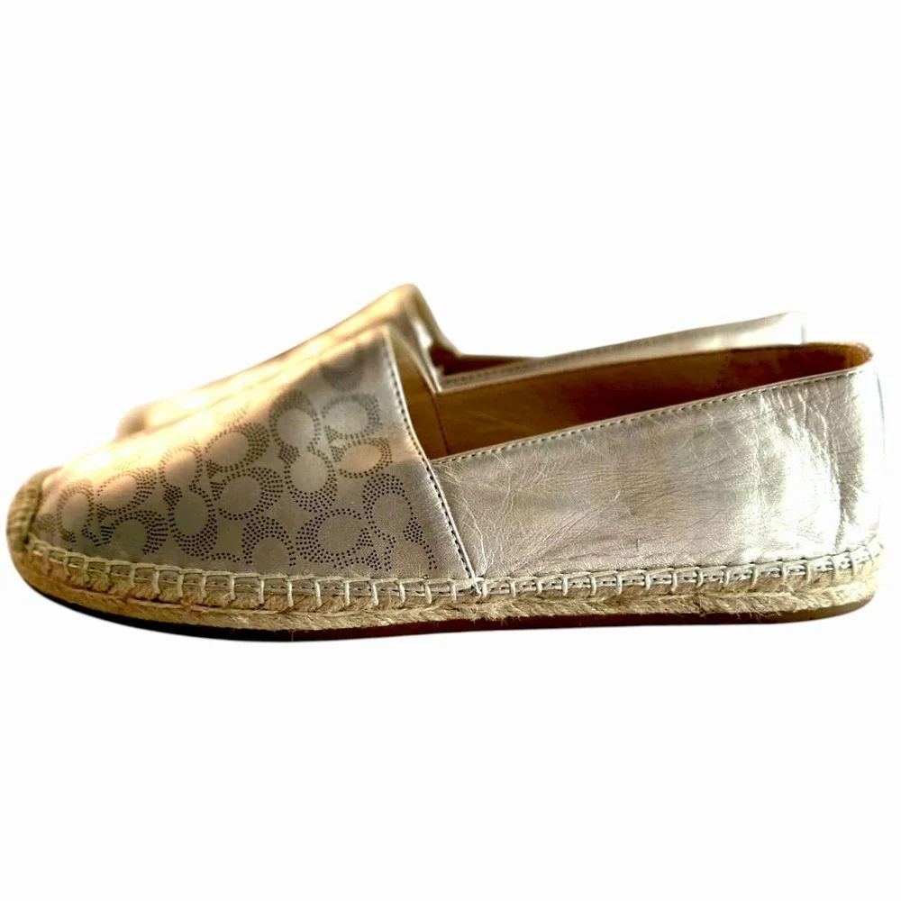 Coach Carley Metallic Pale Gold Signature Espadrille Flats Size 9.5